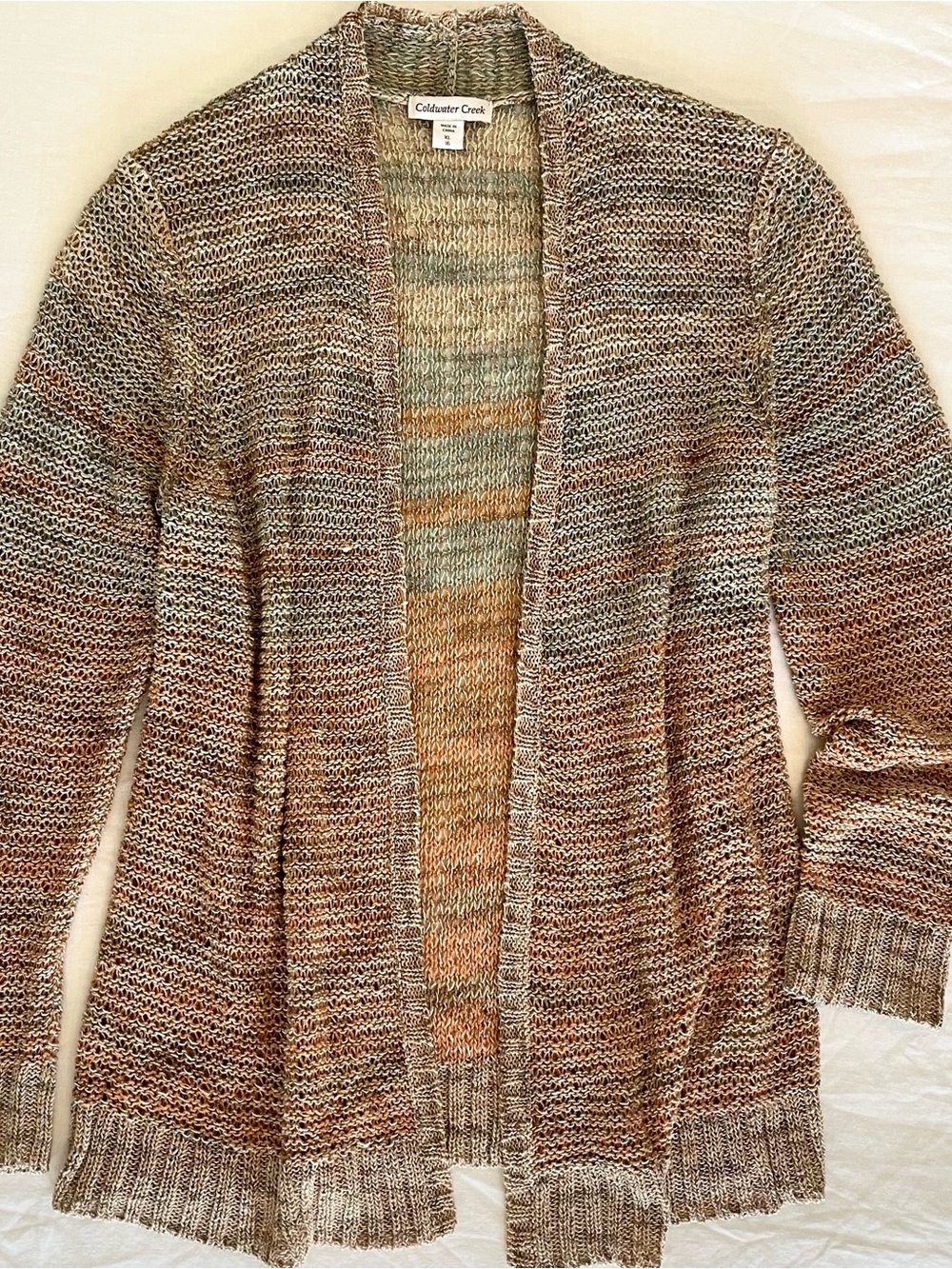 Vintage Cardigan, Coldwater Creek, rust, tan, aqua, open weave knit. Size: XL/16